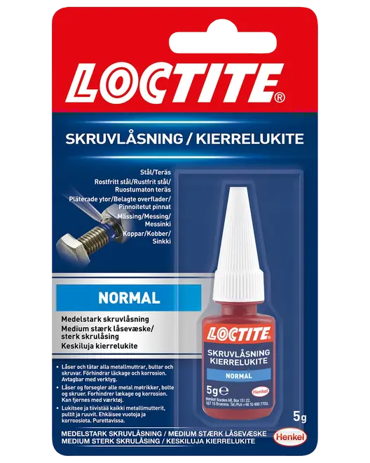 Loctite skruesikring, medium styrke, 5g flaske. Til metalbolte og møtrikker. Forhindrer løsning ved vibration. Blå etiket, hvid hætte, blisterpakning.