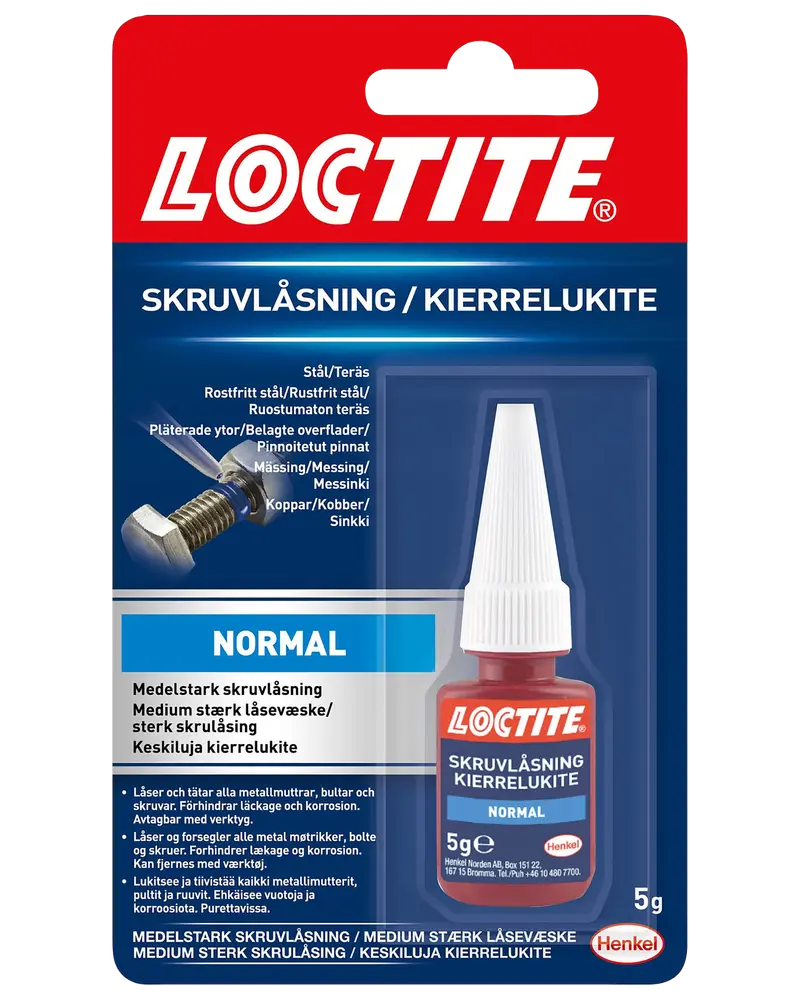 Loctite skruesikring, medium styrke, 5g flaske. Til metalbolte og møtrikker. Forhindrer løsning ved vibration. Blå etiket, hvid hætte, blisterpakning.