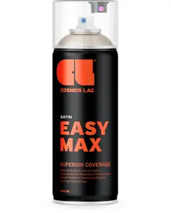 Sort spraydåse, 400 ml, mærket 'Cosmos Lac Easy Max'. Satin finish, overlegen dækning, akrylmaling, drypfri teknologi, gennemsigtigt plastiklåg, orange og hvid tekst.