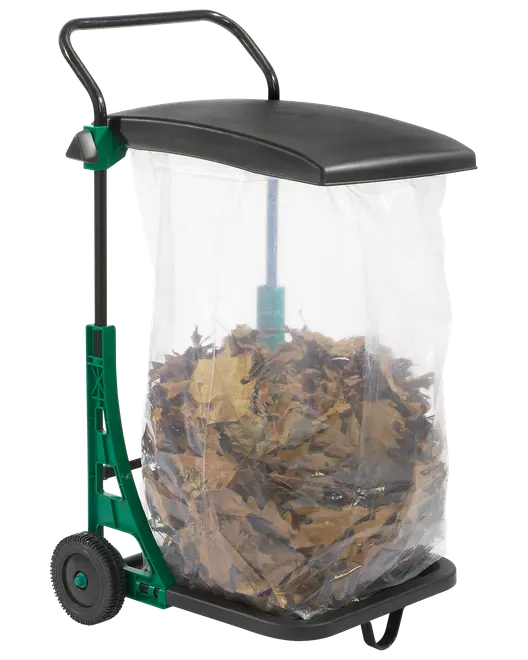 Haveaffaldsvogn med hjul, stor gennemsigtig plastiksæk,  sort låg og grøn ramme. Ideel til opsamling af blade og haveaffald. Nem at transportere og bruge udendørs.