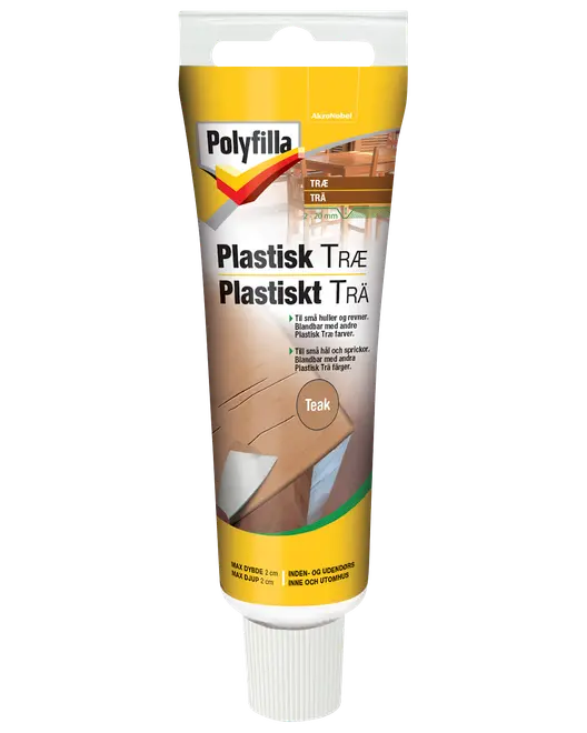 Polyfilla Plastisk Træ filler tube i teakfarve til udfyldning af huller og revner i træ, til indendørs og udendørs brug.