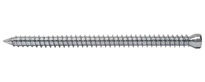 Silverfärgad metalskruv med spetsig ände, grovt gängat skaft och platt försänkt huvud, mot svart bakgrund.