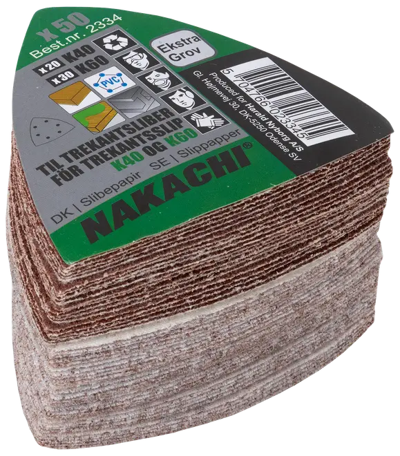 Pakke med 50 Nakachi trekantede slibepapir, ekstra grov korn (K40 og K60), til træslibning, passer til trekantssliber, brun slibeflade, mærket på flere sprog.
