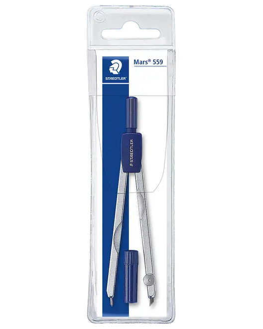 Staedtler Mars 559 passare i genomskinligt plastetui, innehåller metallpassare med blått plastgrepp och extra stiftbehållare, perfekt för noggrann ritning och geometri.