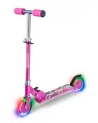 Lyserød børnescooter med justerbart styr, skumhåndtag og to LED-lysende hjul. Robust dæk med farverige grafikker og bagbremse for ekstra sikkerhed.