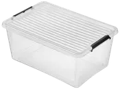 Gennemsigtig plastopbevaringsboks med rillet låg og to sorte låsehåndtag. Rektangulær form, stabelbar, ideel til opbevaring af diverse husholdningsartikler.