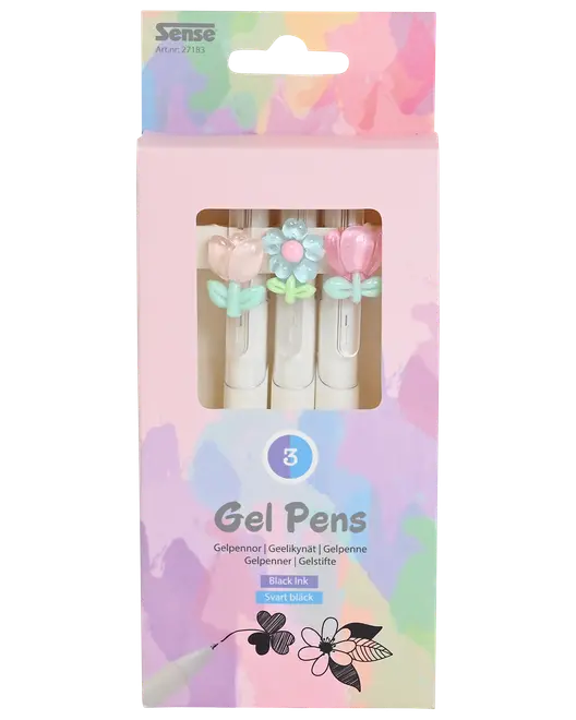Sæt med tre gelpenne med sort blæk, hver med dekorativt blomsterpynt i pastelfarver. Pennene har hvide kroppe og leveres i en pastelæske med vindue.