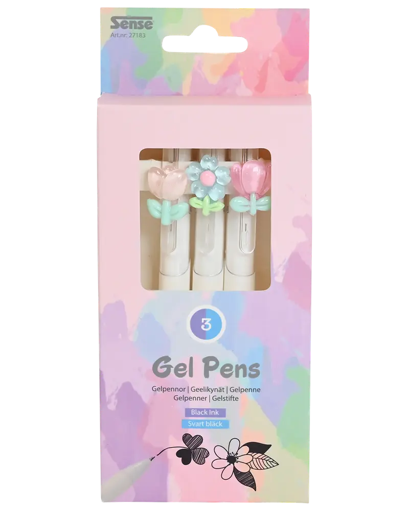 Set med tre gelpennor med svart bläck, varje penna har dekorativ pastellblomma på toppen. Pennorna har vita kroppar och levereras i en pastellfärgad ask med fönster.
