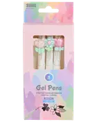 Sæt med tre gelpenne med sort blæk, hver med dekorativt blomsterpynt i pastelfarver. Pennene har hvide kroppe og leveres i en pastelæske med vindue.