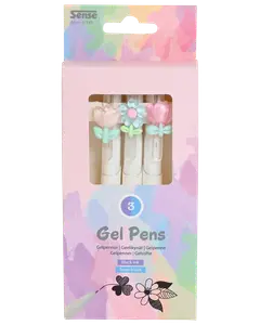 Set med tre gelpennor med svart bläck, varje penna har dekorativ pastellblomma på toppen. Pennorna har vita kroppar och levereras i en pastellfärgad ask med fönster.