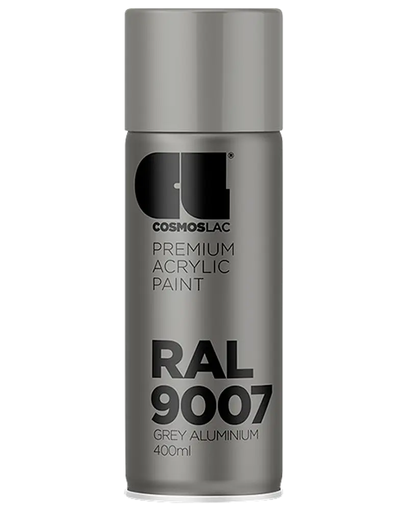 Cosmoslac RAL 9007 spraymaling, 400 ml dåse, premium akryl, grå aluminium farve. Velegnet til metal, træ og plast. Giver en glat, metallisk finish.