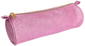 Pink glitrende cylindrisk penalhus med guldlås. Skinnende finish, kompakt design, ideel til opbevaring af blyanter, kuglepenne og små kontorartikler. Stilfuldt og iøjnefaldende.