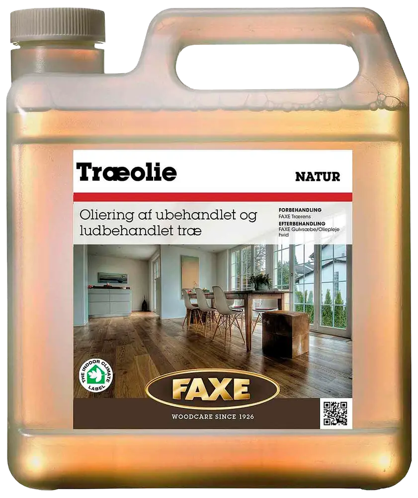 Faxe Træolie Natur, 2,5L plastdunk, til oliering af ubehandlet og ludbehandlet trægulv. Til indendørs brug, fremhæver træets struktur og giver beskyttelse samt naturlig finish.