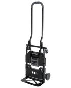 Kompakt, foldbar sort sækkevogn med robust metalramme, to hjul og udtrækkeligt håndtag. Perfekt til transport af tunge genstande. Let og nem at opbevare.