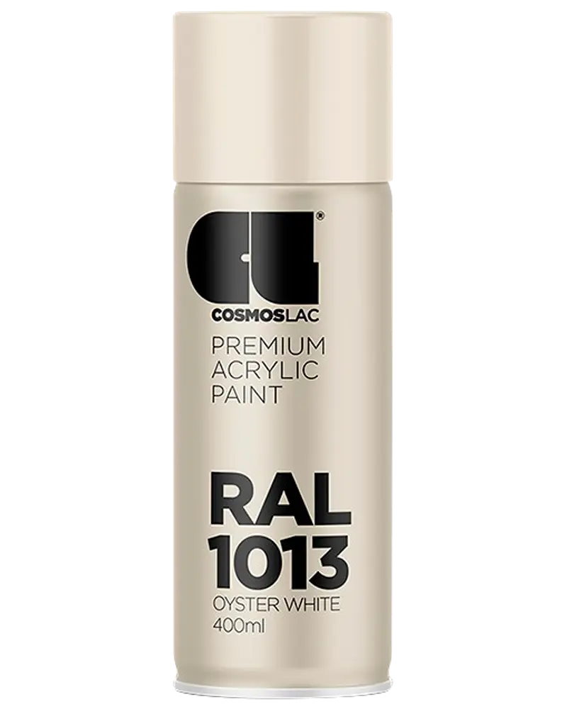 400 ml spraydåse med Cosmoslac premium akrylmaling i RAL 1013 Oyster White. Beige-hvid farve, velegnet til forskellige overflader, giver en glat, mat finish.