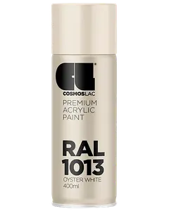 400 ml spraydåse med Cosmoslac premium akrylmaling i RAL 1013 Oyster White. Beige-hvid farve, velegnet til forskellige overflader, giver en glat, mat finish.