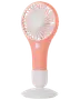 Kompakt handhållen fläkt i rosa och vitt, rund skyddsgaller, enkel knapp och avtagbar vit bas. Perfekt för personlig svalka och portabel användning.