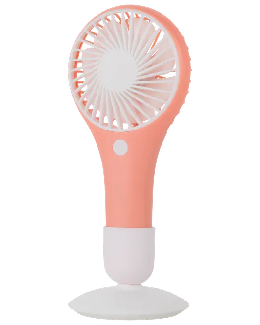 Kompakt handhållen fläkt i rosa och vitt, rund skyddsgaller, enkel knapp och avtagbar vit bas. Perfekt för personlig svalka och portabel användning.