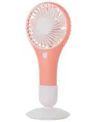 Kompakt handhållen fläkt i rosa och vitt, rund skyddsgaller, enkel knapp och avtagbar vit bas. Perfekt för personlig svalka och portabel användning.