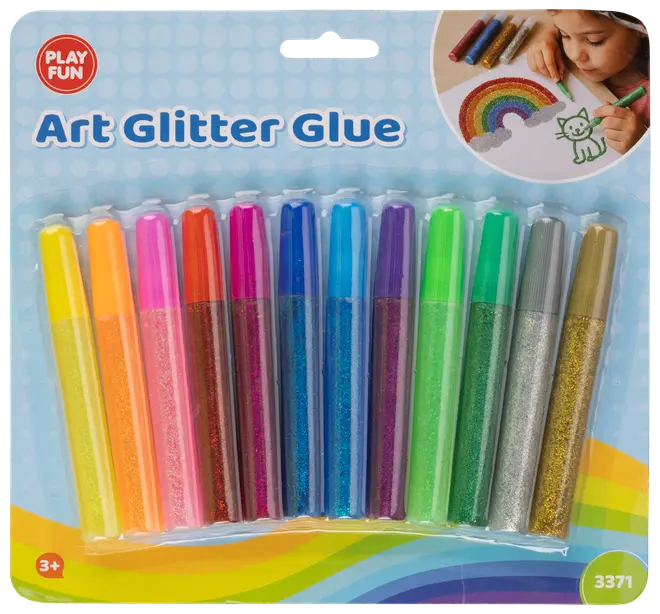 Sæt med ti glitterlimpenne i forskellige farver, perfekte til kunst og hobby. Hver pen har en farvet hætte, der matcher limen. Velegnet til børn fra 3 år.