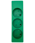 Grøn stikdåse med tre runde udtag, passer til europæiske stik. Rektangulært design i plast, perfekt til at udvide strømadgang i hjemmet eller på kontoret.