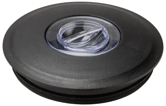 Svart plastlock med transparent vridlås i mitten, utformat för säker förslutning av behållare. Rund form, hållbart material, passar för matförvaring eller köksbruk.