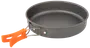 Rund non-stick stekpanna med grå yta och vikbart metallhandtag täckt av orange silikon för värmeskydd. Lättviktig, passar camping eller hemmabruk.