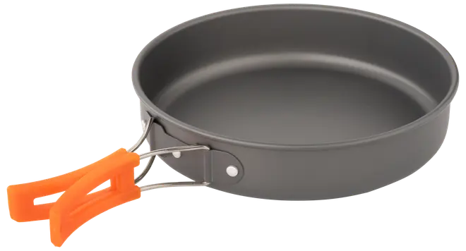 Rund non-stick stekpanna med grå yta och vikbart metallhandtag täckt av orange silikon för värmeskydd. Lättviktig, passar camping eller hemmabruk.