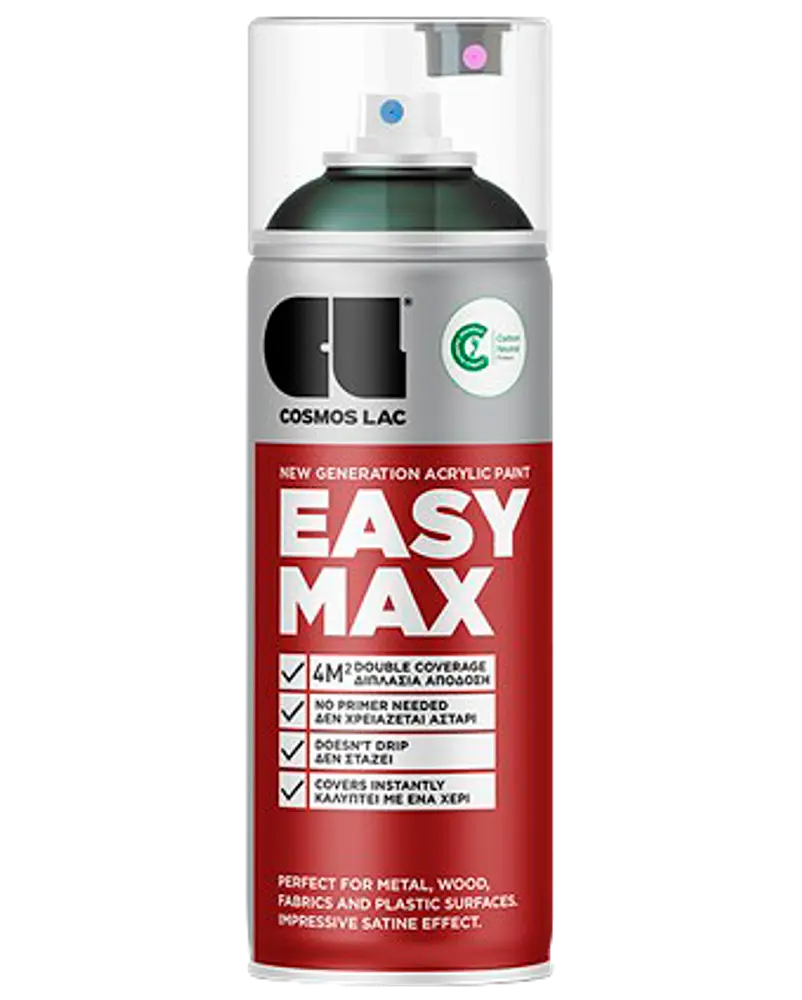 Cosmos Lac Easy Max akrylspraymaling, 400 ml dåse, egnet til metal, træ, stof og plastoverflader. Giver dobbelt dækning, tørrer hurtigt og har satinfinish.