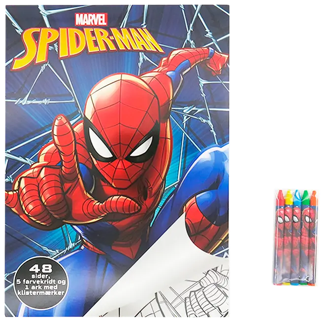 Spider-Man farvebog med 48 sider, fem farvekridt og et ark klistermærker. Farverig forside med Spider-Man og spindelvæv, perfekt til børn og Marvel-fans.