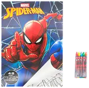 Spider-Man farvebog med 48 sider, fem farvekridt og et ark klistermærker. Farverig forside med Spider-Man og spindelvæv, perfekt til børn og Marvel-fans.