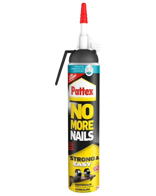 Pattex No More Nails limtube, sort og gul emballage, rød dyse, stærk og nem montering, øjeblikkelig hæftning, egnet til forskellige overflader, ingen fugepistol nødvendig.