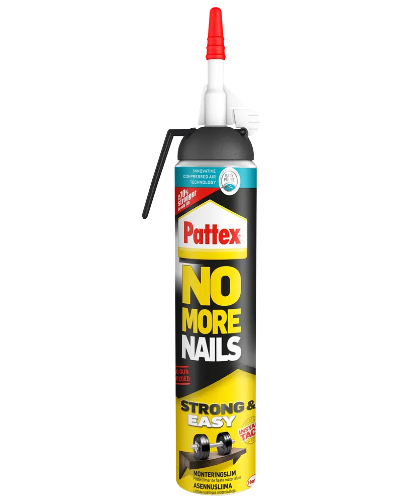 Pattex No More Nails limtube, sort og gul emballage, rød dyse, stærk og nem montering, øjeblikkelig hæftning, egnet til forskellige overflader, ingen fugepistol nødvendig.
