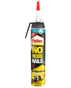 Pattex No More Nails limtube, sort og gul emballage, rød dyse, stærk og nem montering, øjeblikkelig hæftning, egnet til forskellige overflader, ingen fugepistol nødvendig.