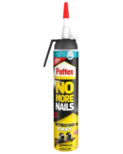 Pattex No More Nails limtube, sort og gul emballage, rød dyse, stærk og nem montering, øjeblikkelig hæftning, egnet til forskellige overflader, ingen fugepistol nødvendig.