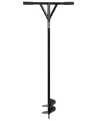 Manuell jordborr i stål med T-format handtag och spiralblad, perfekt för att borra hål i marken för stolpar eller plantering. Hållbar svart finish.