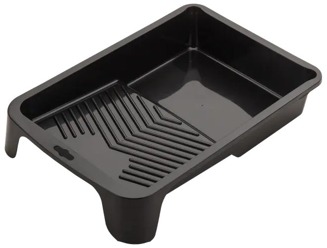 Sort plastik malerbakke med dyb brønd til maling og rillet, skrånet område til at rulle overskydende maling af rullen. Robust og let, passer til standard malerruller.