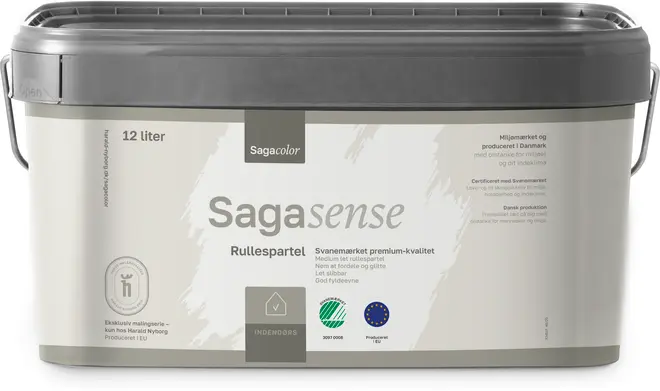 Rektangulær 12-liters plastbeholder med gråt låg og hank. Indeholder Sagasense rullespartel til indendørs brug, miljømærket og velegnet til glatte vægge.