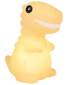 Gul natlampe formet som en dinosaur med smilende ansigt, sorte øjne og små arme. Lavet af glat plastik, udsender blødt lys, ideel til børneværelser.