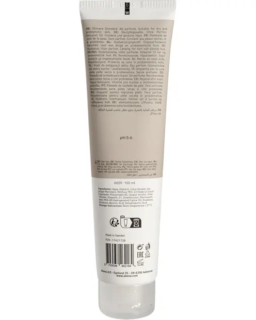 Bagside af beige hudplejetube med hvid hætte, mærket pH 5-6, 150 ml, fremstillet i Sverige.