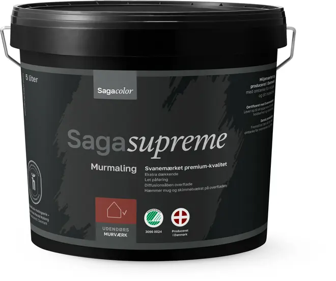 Sort 5-liters plastikspand med hank, mærket 'Saga Supreme Murmaling.' Til udendørs murværk, premium kvalitet, svanemærket, produceret i Danmark, let påføring og modstandsdygtig mod skimmel.