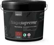 Sort 5-liters plastikspand med hank, mærket 'Saga Supreme Murmaling.' Til udendørs murværk, premium kvalitet, svanemærket, produceret i Danmark, let påføring og modstandsdygtig mod skimmel.
