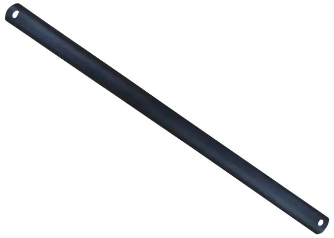 Sort cylindrisk metalstang med glat overflade, huller i begge ender til montering eller fastgørelse, velegnet som støtte- eller håndtag.