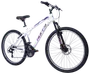 Vit mountainbike med framgaffelfjädring, 21 växlar, svarta styren och lila detaljer. Grovmönstrade däck för terräng och justerbar, bekväm sadel för olika höjder.