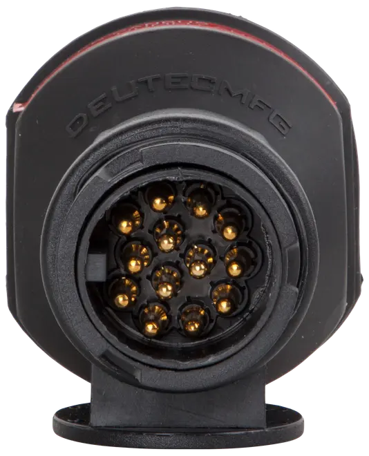 Rund 13-polet trailerstikdåse i sort plast, guldbelagte kontakter, velegnet til elektriske forbindelser mellem bil og trailer, vejrbestandigt design, mærket 'DEUTECMFG' øverst.