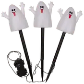 Set med tre Halloween-trädgårdspinnar med leende spökfigurer, upphöjda armar, svarta pinnar och timerkontroll. Tillverkade av plast, perfekta för festlig utomhusdekoration.