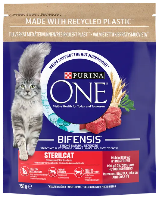 Purina ONE Bifensis Sterilcat torrfoder för katter, nötsmak, för steriliserade katter. Återförslutningsbar påse, synliga hälsofördelar, stödjer tarmhälsa. 750g förpackning med kattbild.