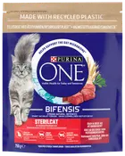 Purina ONE Bifensis Sterilcat torrfoder för katter, nötsmak, för steriliserade katter. Återförslutningsbar påse, synliga hälsofördelar, stödjer tarmhälsa. 750g förpackning med kattbild.