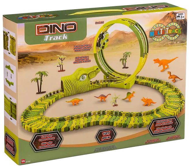 Dino Track legetøjssæt med 121 dele, fleksibel grøn bane, dinosaurfigurer, loop og palmer. Velegnet til børn fra 3 år. Byg din egen dinosaurbane.