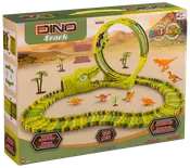 Dino Track legetøjssæt med 121 dele, fleksibel grøn bane, dinosaurfigurer, loop og palmer. Velegnet til børn fra 3 år. Byg din egen dinosaurbane.